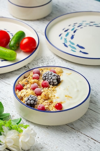 Kevin Seramik Hand Made 14 Parça 6 Kişilik Marin Kahvaltı Takımı Beyaz - Mavi