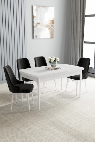 Zümra Serisi, Beyaz 80x132 Açılabilir Mdf Mutfak Masası Takımı 4 Adet Sandalye, Siyah