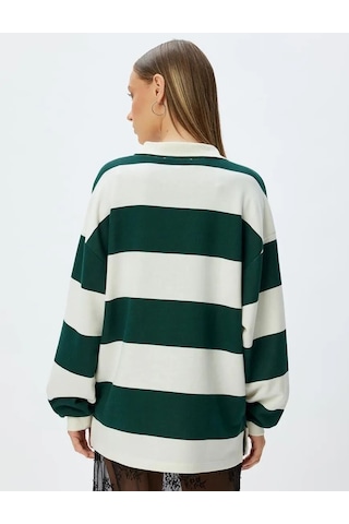 Koton Polo Yaka Sweatshirt Oversize Kolej Baskılı Renk Bloklu Şardonlu Yeşil Çizgili 5wal10214ık Yeşil