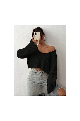 Samin Kadın Oversize V Yaka Triko Crop Kazak Siyah - 660238741 Siyah