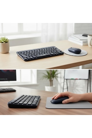 Kablosuz Lacivert Bluetooth Klavye Mouse Seti Yuvarlak Tuşlu Tasarım, Türkçe Q Dizilim, Taşınabilir, Ev Ve Ofi