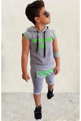 Riccotarz Erkek Çocuk Fashıon Boy Yazı Baskılı Kapişonlu Kolsuz Sweatshirt Gri Şortlu Takım 001