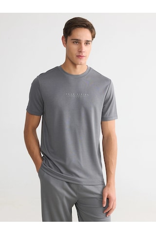 LC Waikiki Lcwaıkıkı Classic Gri Bisiklet Yaka Baskılı Erkek Penye Tişört Dark Grey