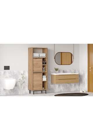 Lidya Banyo Dolabı Çok Amaçlı Dolap 2 Kapaklı Metal Ayaklı Sepet Kahverengi