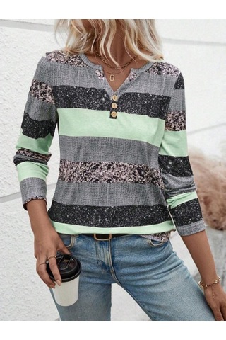 Tua Moda Kadın Uzun Kollu Yakadan Düğmeli Çizgili Desenli Süprem Bluz Yeşil