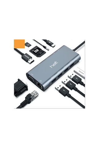 Helt Ht-ot01 Usb + Hdmı + Vga + Type-c + Jack + Ethernet + Sd Kart To Type-c Dönüştürücü Gri
