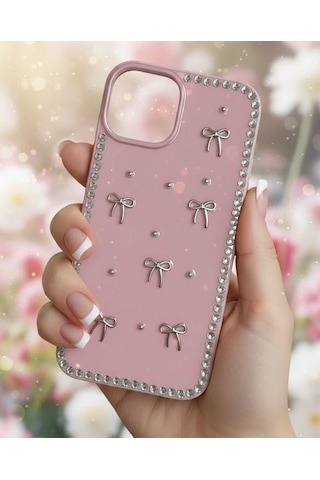Apple Uyumlu iPhone 15 Fiyonk Figürlü Simli İnci Taşlı Lüx Silikon Kılıf Pembe
