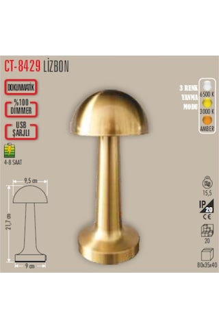 Cata Ct-8429 Lizbon Antik Şarjlı Masa Lambası Gold Krom Kasa 3 Renk Antik Eskitme