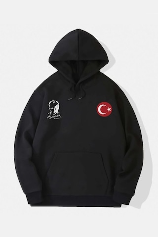 Velmora Fashion 10 Kasıma Özel 3 İplik Kapüşonlu Baskılı Sweatshirt Hoodie - Siyah