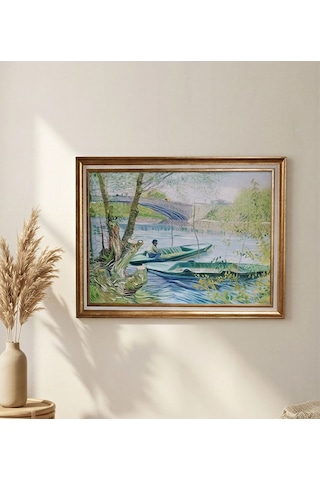 Vintage Gold Çerçeveli Van Gogh İlk Baharda Balık Avı Tablosu 60x80 Cm
