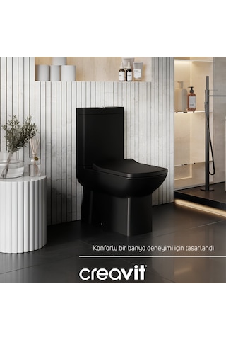 Creavit Lara Kanallı Kömür Karası Duvara Sıfır Klozet Takımı Lr360, Creavit Lara Duroplast Yavaş Kapak Mat Siyah