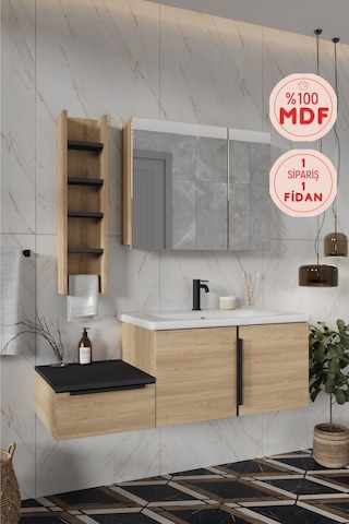 Banyo Zakkum 120 Cm Demonte Lavabolu Banyo Dolabı Dolaplı Aynalı Üst Dolap Havluluk Lefkas Meşe