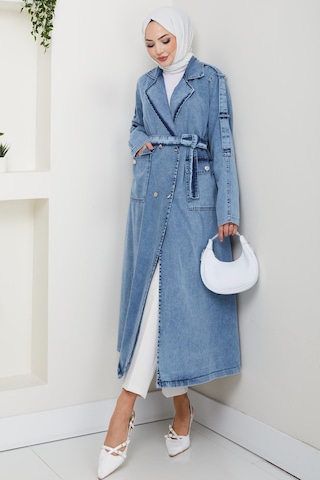 Hb Harma Time Butik Kadın Cepli Kuşaklı Denim Mavi Trençkot