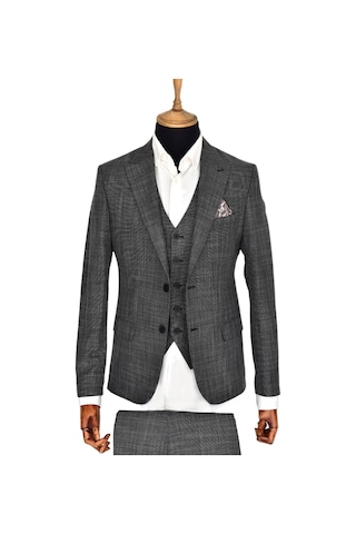 Suitmen Erkek Silim Fitt Çift Yırtmaçlı Yelekli Takım Elbise Bgl-st03413 Füme