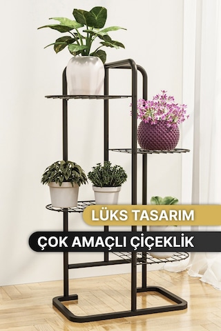 Bino 4 Katlı Metal Çiçeklik Dekoratif Lüks Bahçe Mobilyası Saksı Standı Saksılık Raf