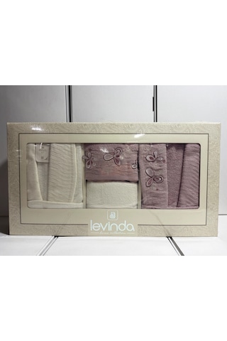 Levinda 3d Nakışlı Bornoz Takımı Krem-mürdüm
