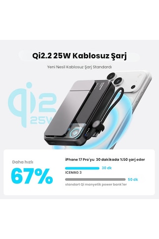 Sharge Icemag 3 Soğutucu Fanlı Standlı 10000 Mah Qi2 25w Magsafe Uyumlu Şeffaf Powerbank, Dahili Kablolu Hızlı Şarj Cihazı Siyah