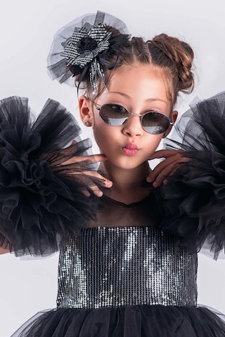 Kız Çocuk Abiye Elbise Ponpon Kol Pul Payetli Tütülü Siyah - Gr