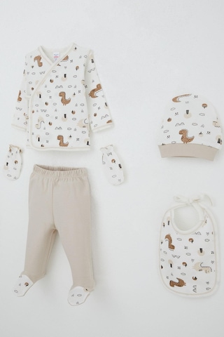 Breeze Erkek Bebek Hastane Çıkışı 5 Li Doğa Temalı Sevimli Minik Dinozor Desenli 0-3 Ay, Ekru Ekru