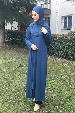 Aslınur Tek Parça Fermuarlı Namaz Elbisesi İndigo Mavi Açık Mavi