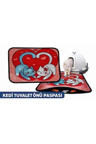 Petesia Kedi Tuvalet Önü Elekli Paspas 60x45 Cm Love You Kalpli Kedi Deseni