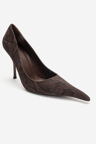 Luvishoes Luce Kahverengi Desenli Sivri Burunlu Kadın Topuklu Ayakkabı Kahverengi
