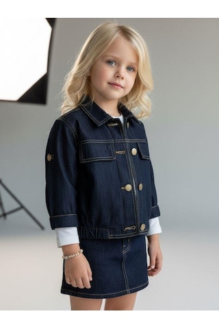 Zekids Kız Çocuk Gold Düğme Detaylı Yumuşak Dokulu Kot Ceket-16941 Lacivert