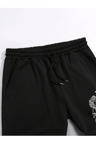 Letter & Fire Print Drawstring Waist Eşofman Altı Siyah