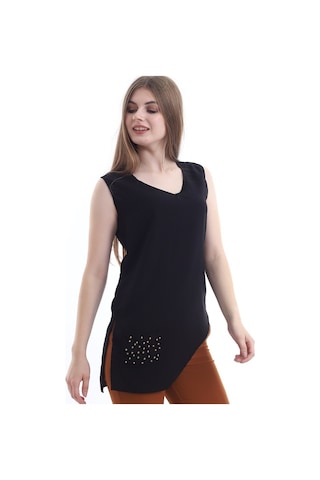 Self Clothing Kadın Siyah V Yaka Cep Ve Yırtmaç Detaylı Bluz Slf1246-Siyah