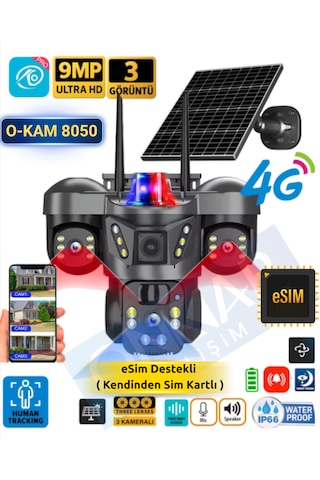 O-kam 8050 9mp Lens 3 Kamera 4g Esim Destekli Solar Güneş Enerjili Akıllı Güvenlik Kamerası