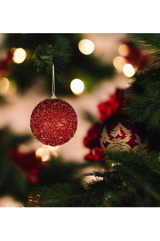 Yılbaşı Süsü 2'li Parıltılı Top Kırmızı 10 Cm