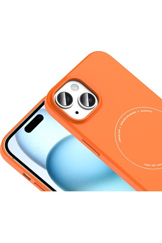 Maks Technology iPhone Uyumlu 15 Kılıf M-safe Şarj Özellikli Kamera Korumalı Mkst Elio Sert Pc Kapak - Turuncu