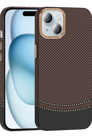 Apple Uyumlu iPhone 15 Kılıf Magsafe Şarj Özellikli Karbon Fiber Görünümlü App Gros Kapak - Gold-s Gold-siyah Gold-siyah