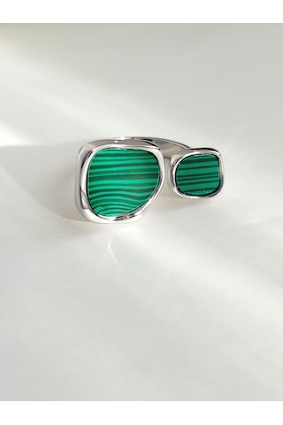 Gümüş Yeşil Malahit Taşlı Kare Tasarım Ayarlanabilir Kadın Yüzük
