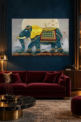 Fida Altın Örtülü Desenli Mavi Fil Canvas Tablo Çok Renkli