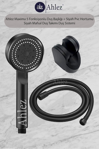 Maxima 5 Fonksiyon Duş Başlığı + Siyah Pvc Hortum + Siyah Mafsal Mat - Siyah