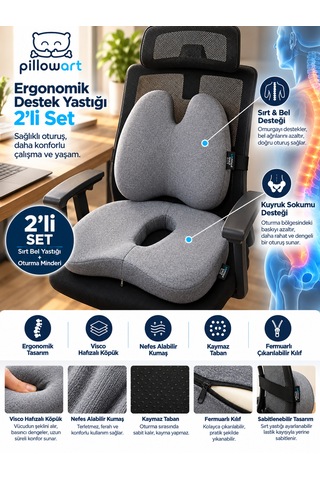 Pillowart Ortopedik Visco Minder 2 Li Set Ergonomik Sırt Bel Desteği Ve Kuyruk Sokumu Destekli Oturma Minderi