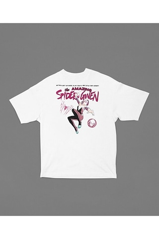 Sevbano The Amazing Spider Gwen Baskılı Unisex Tişört, Oversize Marvel Ti Beyaz