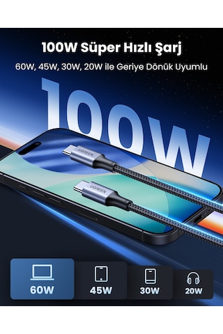 Ugreen Usb-c 100w 5a Qc Pd Örgülü Hızlı Şarj Kablosu, 2 M, Siyah, 70429
