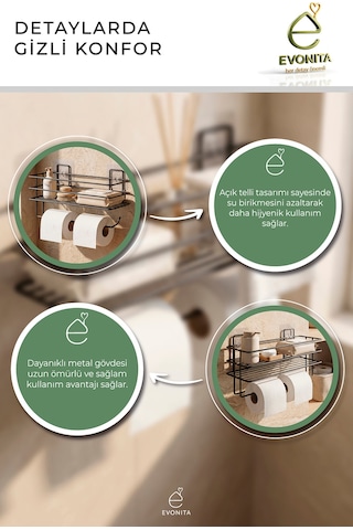 Çiftli Yapışkanlı Tuvalet Kağıtlığı Mat Siyah Metal Kağıtlık Delmeden Montaj Banyo Organizer Renkli