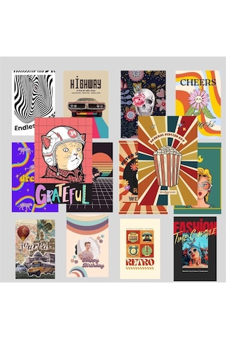 Psychedelic Retro Poster, Indie Kolaj Poster Seti, Dekoratif Poster Kolaj Seti, Çerçevesiz Hediyelik Poster - 30 Adet - 10cm X 15cm