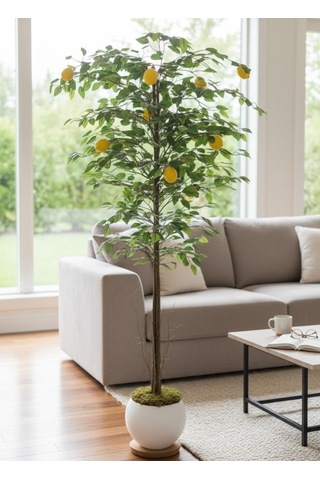 Yapay Limon Ağacı 160cm 10 Limonlu Doğal Görünümlü Beyaz Küre Plastik Saksılı Yapay Ağaç Sarı