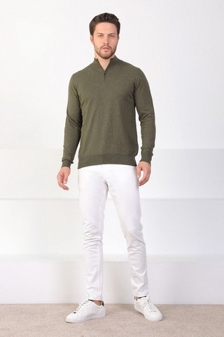 Ferraro Haki Dik Yaka Düz Renk Pamuk Erkek Kazak Haki