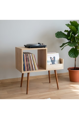Sera 44x78cm Ahşap Retro Pikap Sehpası, Metal Raflı Plak Organizer, Plak Düzenleyici, Plak Dolabı Safir Meşe
