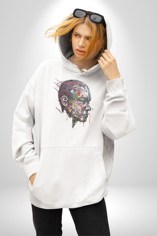 İnsan Kafası Sulu Boya Kadın Erkek Beyaz Kapüşonlu Sweatshirt Hoodie Beyaz