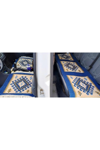 Reversible Oto Koltuk Kilim Seti 3 Parça Makine Dokuma Akrilik & Polyester Saçaklı - Mavi