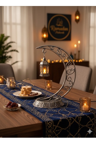 Dekoratif 28 Cm Hilal Eskitme Gümüş Ramazan Led Lamba 10 Cm Kancalı Set Diğer