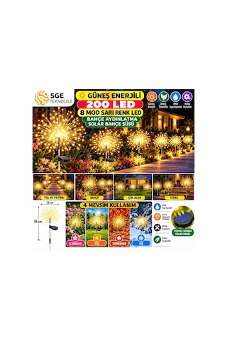 Güneş Enerjili 200 Led Sarı Renk Led Bahçe Aydınlatma Solar Bahçe Süsü Sge1003