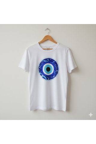Kadın Beyaz %100 Pamuk Bohem Nazar Boncuğu Şans Ve Koruma Temalı Comfortfit T-shirt Beyaz