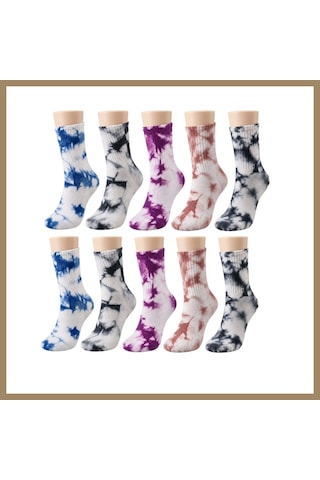 Kahveci.store Unisex Batik Desenli Çorap 10'lu Set Pamuklu Renkli Uzun Soket Dikişsiz Nefes Alan Günlük Spor Çorabı 22 Çok  Renkli